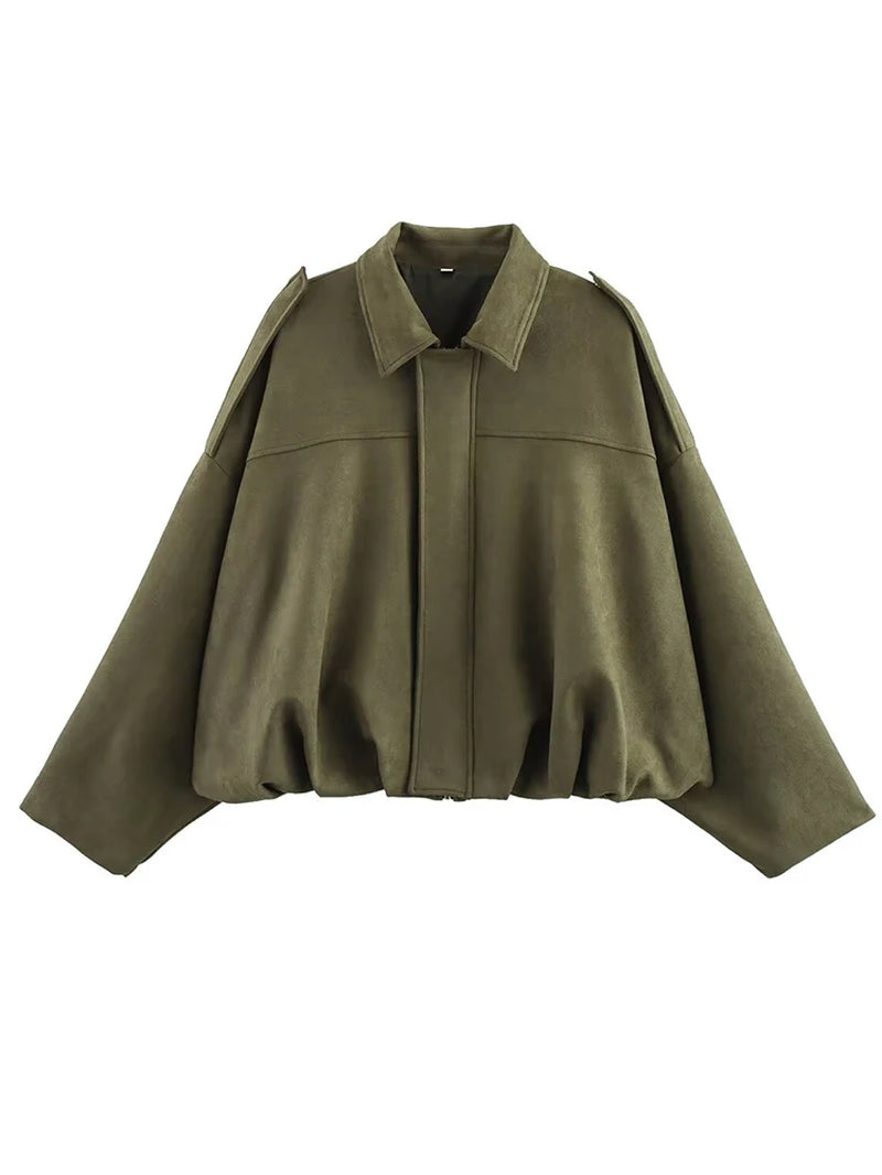 Vintage Women Green Oversize Bomber Jackets 2025 Fashion Ladies Elegant Loose Soft Outfits Jacket for Party Female Chic Clothes