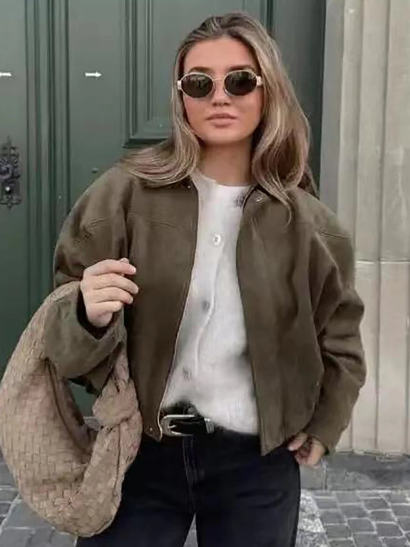 Vintage Women Green Oversize Bomber Jackets 2025 Fashion Ladies Elegant Loose Soft Outfits Jacket for Party Female Chic Clothes
